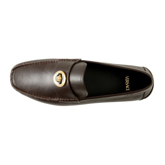 Versace Men\'s Brown 100% Leather Gold Medusa Car Shoes Loafers Shoes US 8 IT 41